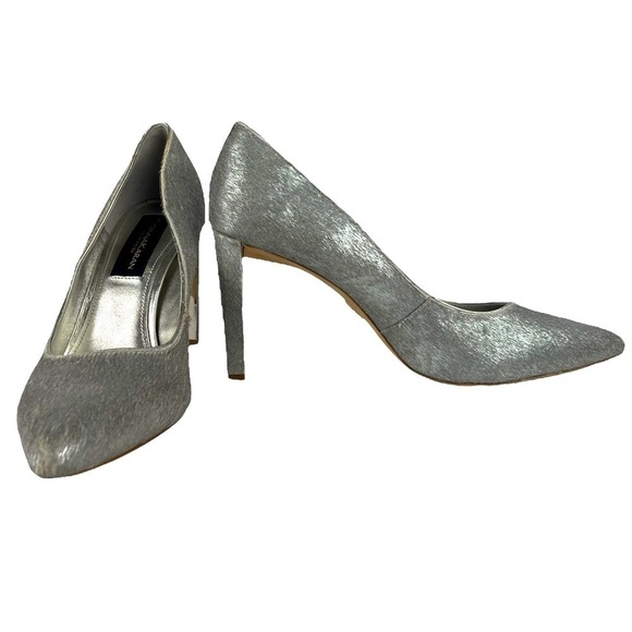 DONNA KARAN NY CRISS SILVER METALLIC PONY HAIR POINTED TOE BLOCK HEEL PUMPS - Picture 4 of 15